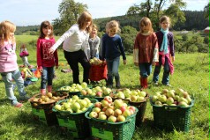Kinder auf einer Wiese. Im Vordergrund mehrere große Körbe mit Äpfeln. Zwei von den Kindern tragen zusammen einen der Obstkörbe.